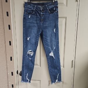 Women's Distressed High-Rise Button-Fly Jeans - Blue